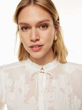 Aritzia Wilfred Alexis Blouse Light Birch Textured Floral Tie Neck NWT Large